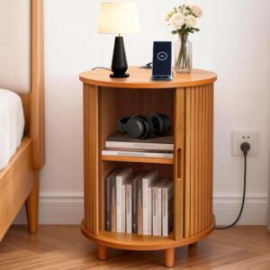 Yellow-Walnut End Table With Sliding Door