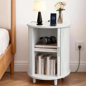 Grayish-White End Table With Sliding Door