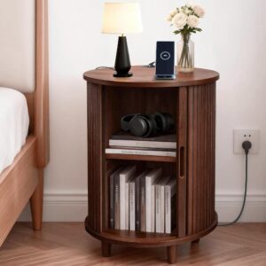 Walnut End Table With Sliding Door