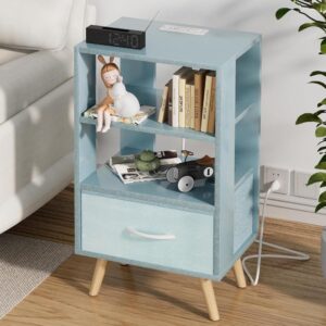 Blue Wooden Bedside Table With USB Ports