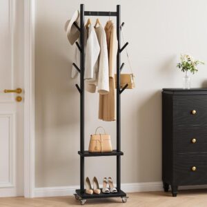 Black Freestanding Wood Rolling Coat Rack