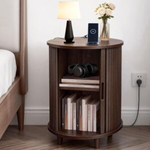 Dark-Walnut End Table With Sliding Door