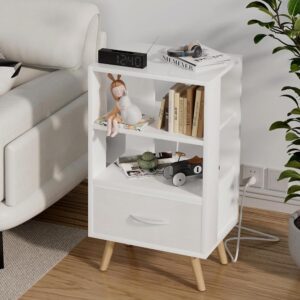 White Wooden Bedside Table With USB Ports