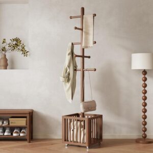 Walnut Wooden Coat Rack With Lockable Wheels