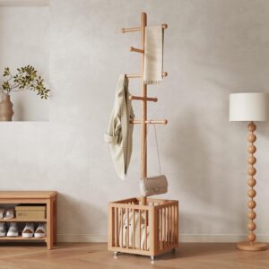 Natural Wooden Coat Rack With Lockable Wheels