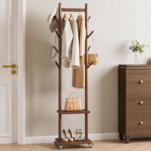 Walnut Freestanding Wood Rolling Coat Rack
