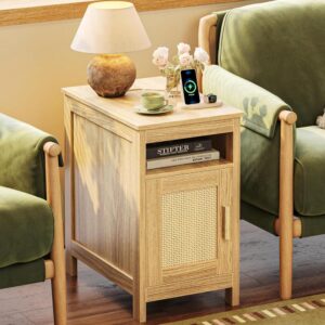 Natural-Wood Rattan End Table With Cabinet