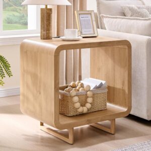 Natural-Oak Wooden End Table​ With Charging Station